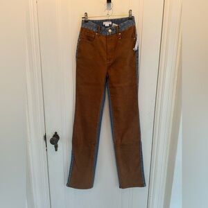 NWT GOOD AMERICAN Good Icon Suede Mixing Blue Denim Brown Suede 00